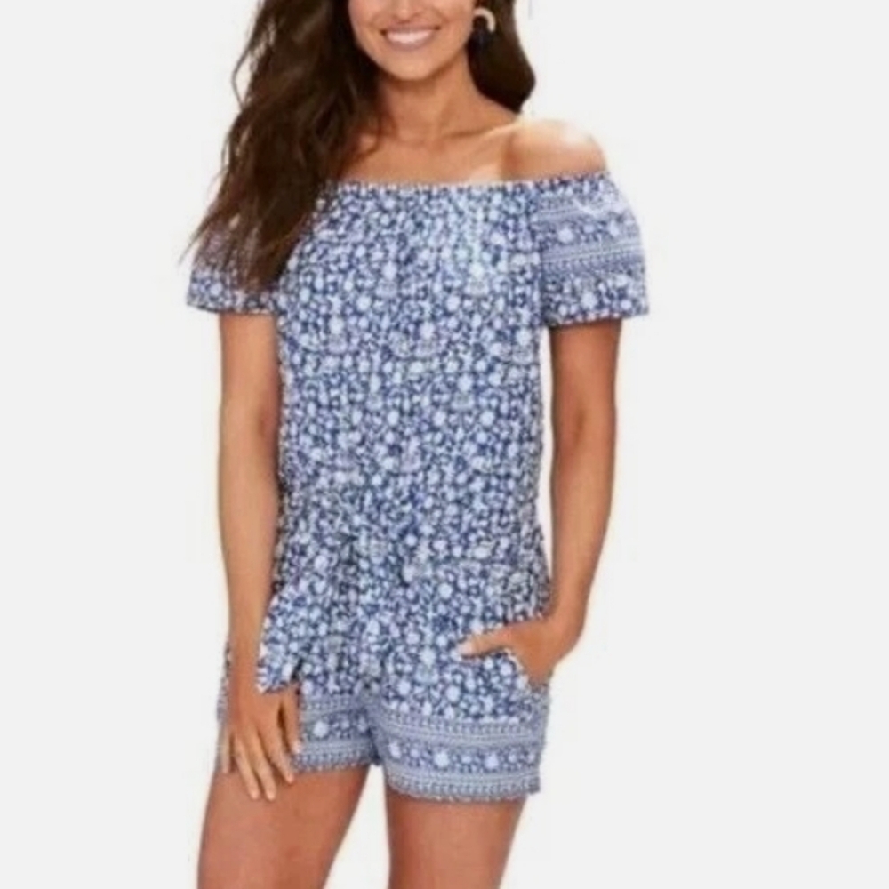Vineyard Vines Otomi Print Romper in Royal Ocean Floral Tie Front Size S